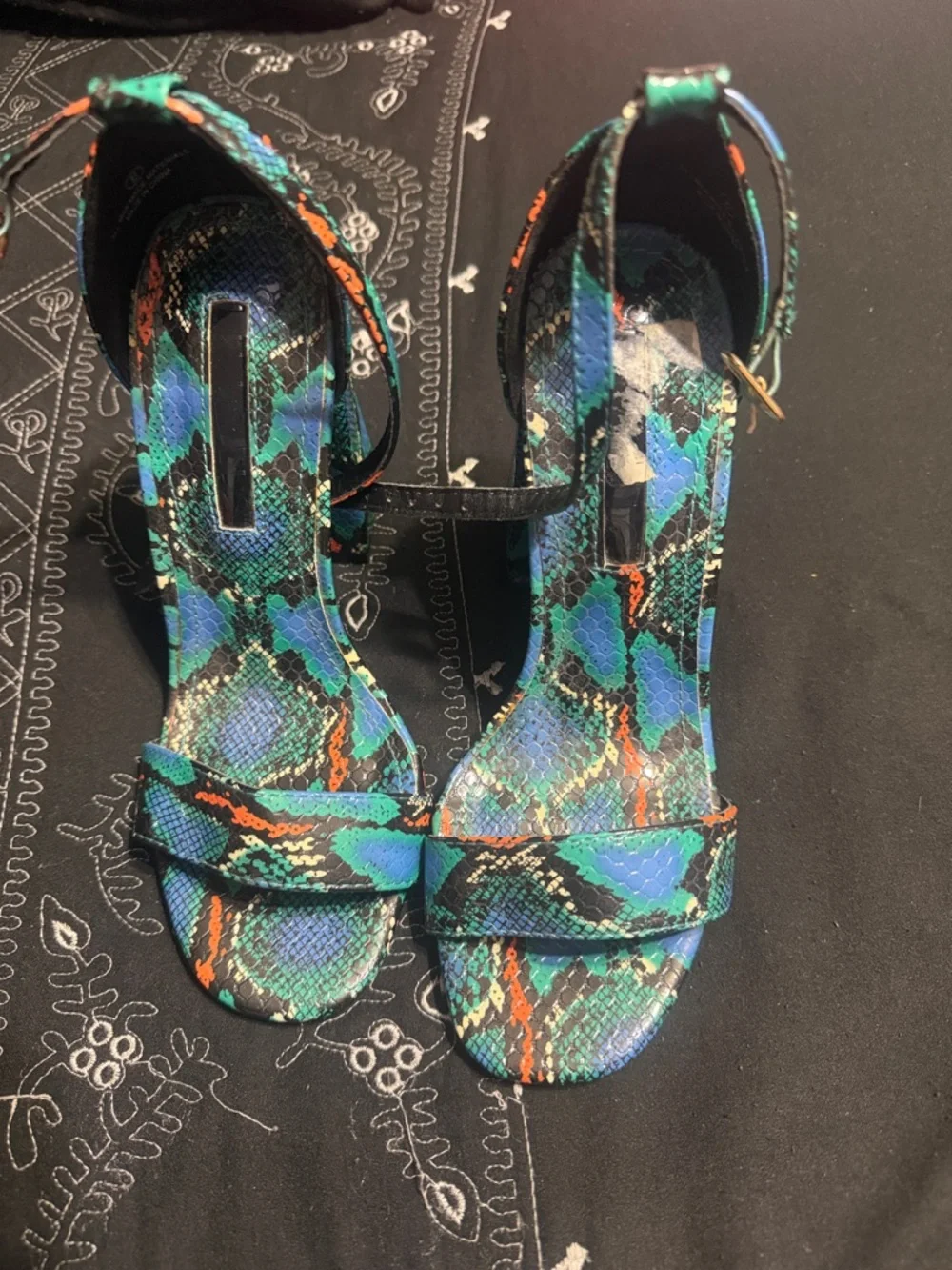 Liliana Teal & Black Snake-Print Ankle Strap Heels - Picture 3 of 3